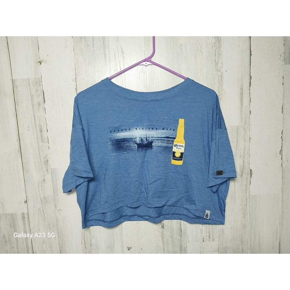 WOMEN CORONA BLUE CROPPED T SHIRT SIZE LARGE GRANDE IMPORTED BEER MEXICO